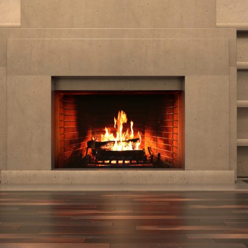 Burning fireplace, cozy home interior, stone marble paneled wall and wooden floor. Contemporary style office or living room, 3d illustration